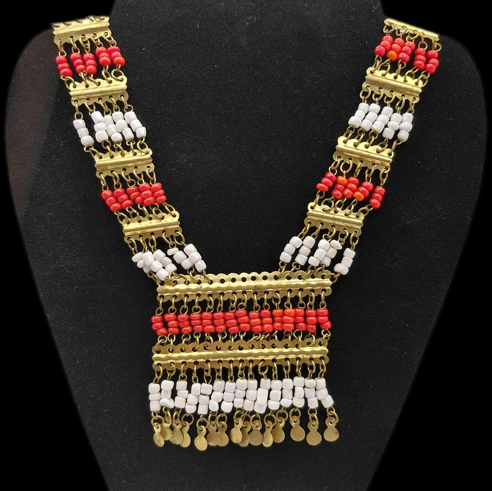 60s Egyptian Revival Statement Bib Necklace Faux Coral White Brass Cleopatra 🐆